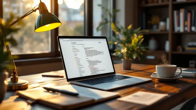 Рабочее место SEO-специалиста с открытой документацией Google по оптимизации под AI-поиск, тёплое золотое освещение