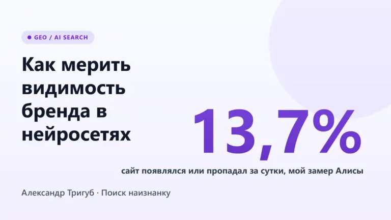 Обложка: как мерить видимость бренда в нейросетях - сайт появлялся или пропадал в ответе Алисы за сутки в 13,7% случаев, мой замер
