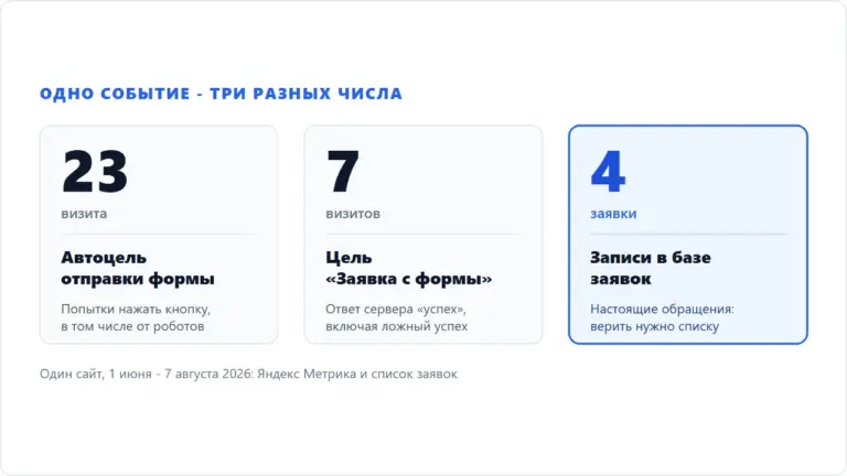 Схема: одно событие, три разных числа - автоцель отправки формы, цель заявки и записи в базе