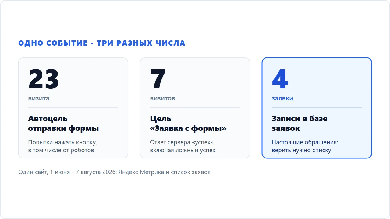 Схема: одно событие, три разных числа - автоцель отправки формы, цель заявки и записи в базе