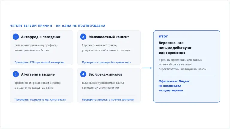 Схема: четыре версии причин просадки трафика в Яндексе, июнь 2026 - антифрод, малополезный контент, AI-ответы, рост веса бренда