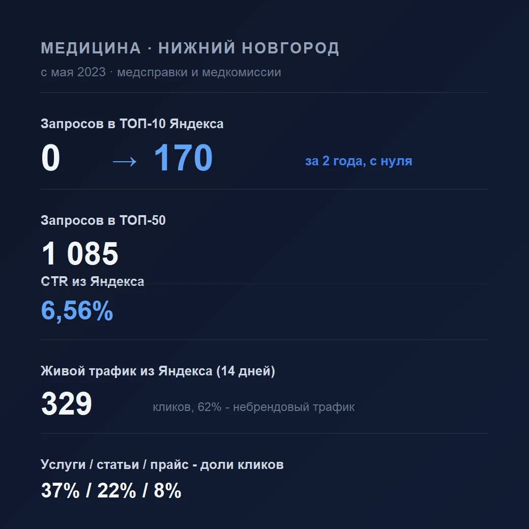 Кейс - Медицинский центр (В) · Нижний Новгород: с нуля до 170 в ТОП-10 за 2 года