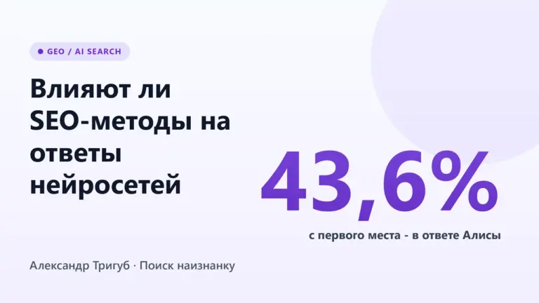 Обложка: влияют ли SEO-методы на ответы нейросетей - 43,6% сайтов с первого места попадают в ответ Алисы