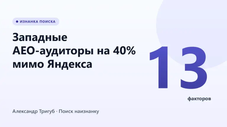 Обложка: Западные AEO-аудиторы на 40% мимо Яндекса: разбор 13 факторов